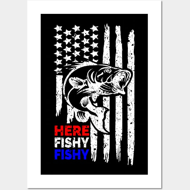 US Flag My Lucky Fishing, Here Fishy Fishy Fishy Bass Fish Wall Art by Jas-Kei Designs